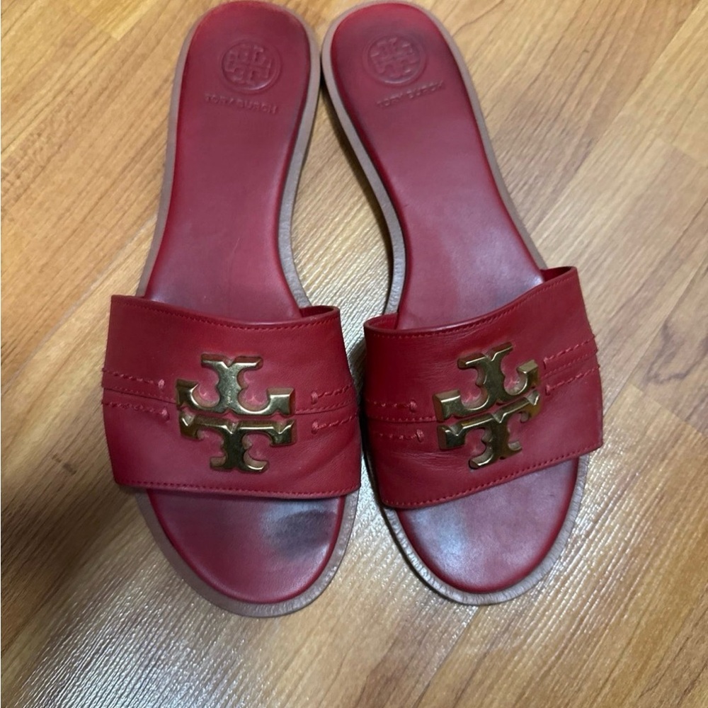 Tory Burch Red Slides with Gold Emblem